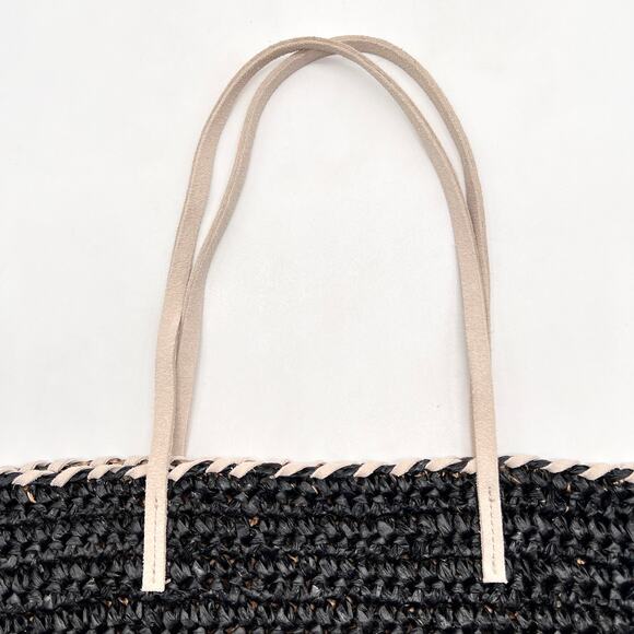 ANTHROPOLOGIE Straw Shoulder Bag Black White Tote Slouchy Casual Travel Light - Picture 6 of 13